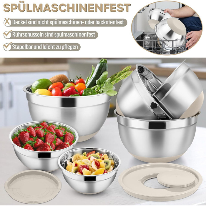 Набір мисок HaWare 6 шт. з нержавіючої сталі з кришками та набором терок, 4.6л/2.8л/2.5л/1.6л/1.2л/0.7л, з силіконовим дном, для миття в посудомийній машині