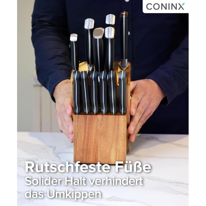 Блок для ножів Coninx Universal з інтегрірувачем – Тримач для ножів з акації на 15 слотів – Стійкий підставка для кухонних ножів, хлібного ножа, ножа для стейка та ножиць, коричневий з інтегрірувачем
