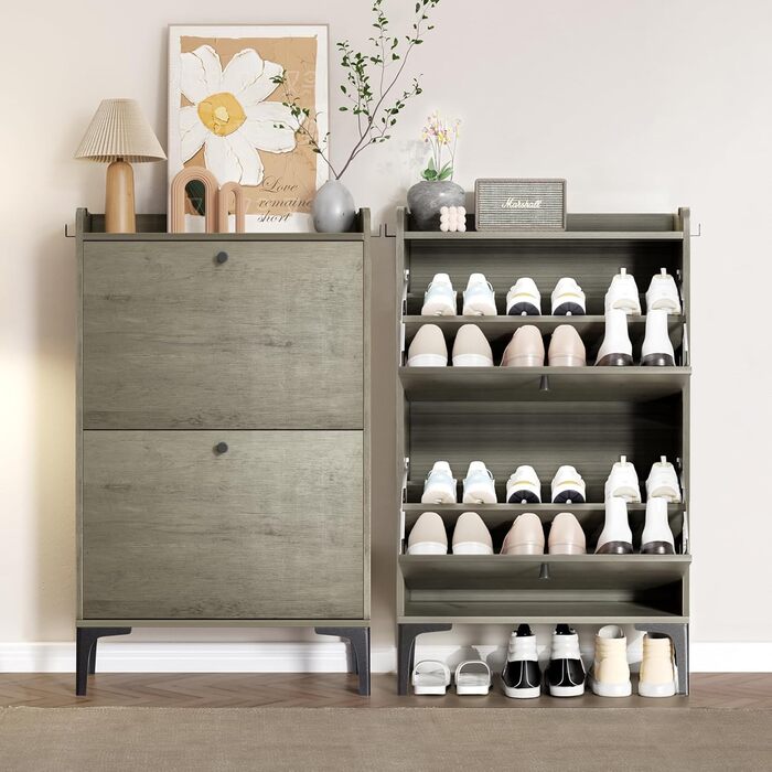 Взуттєва шафа Dripex, вузька, з 2 висувними ящиками-кипперами, металеві ніжки, для прихожей, вітальні, 80x24x100 см, білий (60 см, сірий)