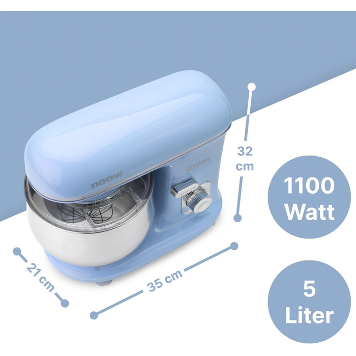 Кухонна машина Bomann 1100 Вт | 5л чаша | міксер, гак для тіста, насадка для збивання | для 3 кг тіста | KM 6030 CB блакитна