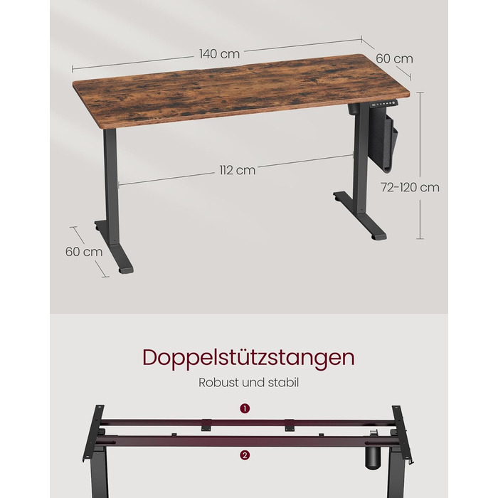 Електричний регульований стіл VASAGLE, 60 x 140 см, висота 72-120 см, 4 пам'яті, vintage brown, LSD174X01