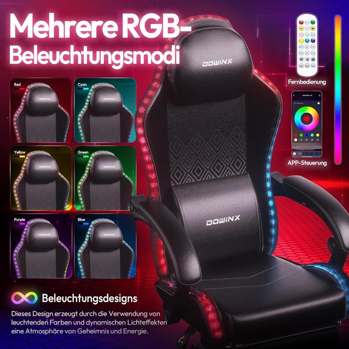 Ігровий крісло Dowinx з RGB підсвічуванням, LED крісло для геймерів з підніжкою, ергономічне крісло з масажем попереку, для дорослих, PU шкіра, білий (чорний)