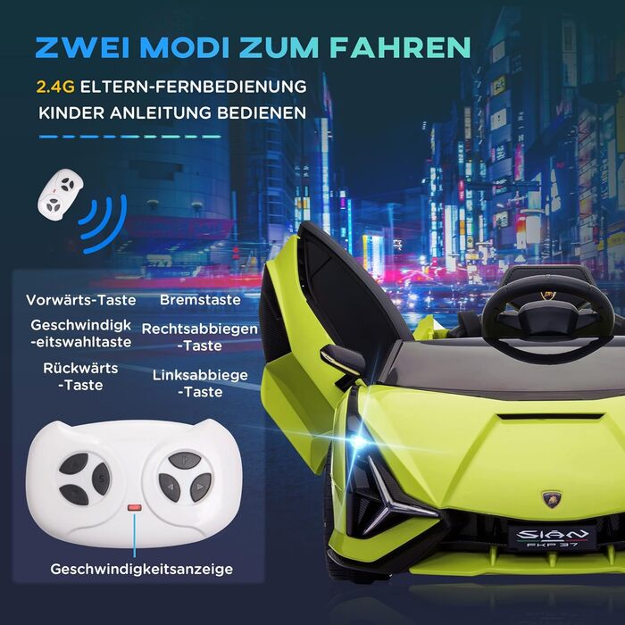 Електромобіль для дітей Lamborghini SIAN 12V, з пультом, музика, світло, металевий, зелений, 108x62x40 см, 37-60 місяців, HOMCOM