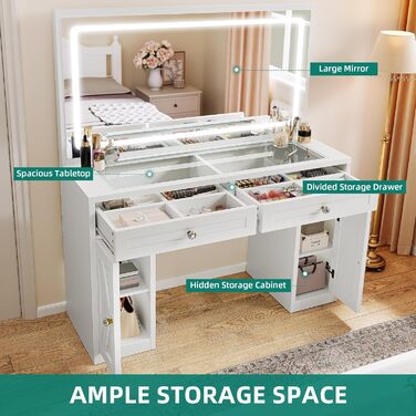 Туалетний столик YITAHOME з LED-дзеркалом, регульоване 3-кольорове освітлення, скляна стільниця, вбудована розетка, для спальні, 115 x 40 x 134 см, білий