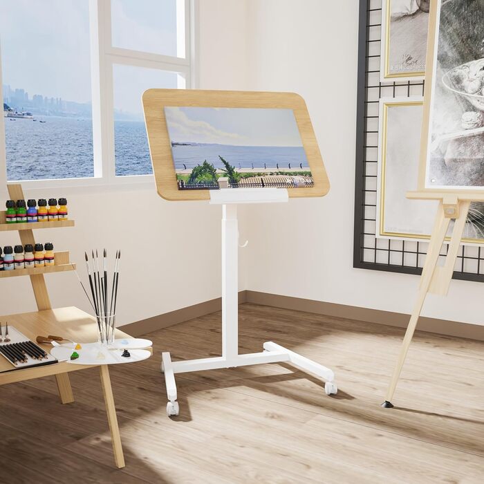 Регульований приставний столик ETHU з роликами, мобільний столик для ноутбука, диванний столик з нахиленою платформою, універсальний столик для дому (світле дерево)