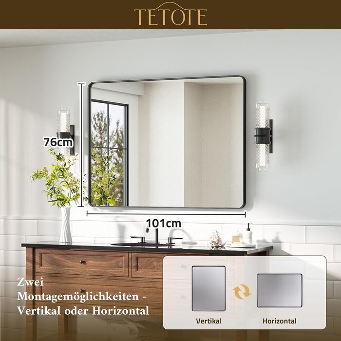 Дзеркало для ванної кімнати TETOTE 40x50 см, прямокутне, з металевим каркасом, з закругленими кутами, для мийки, з загартованого скла (чорний)