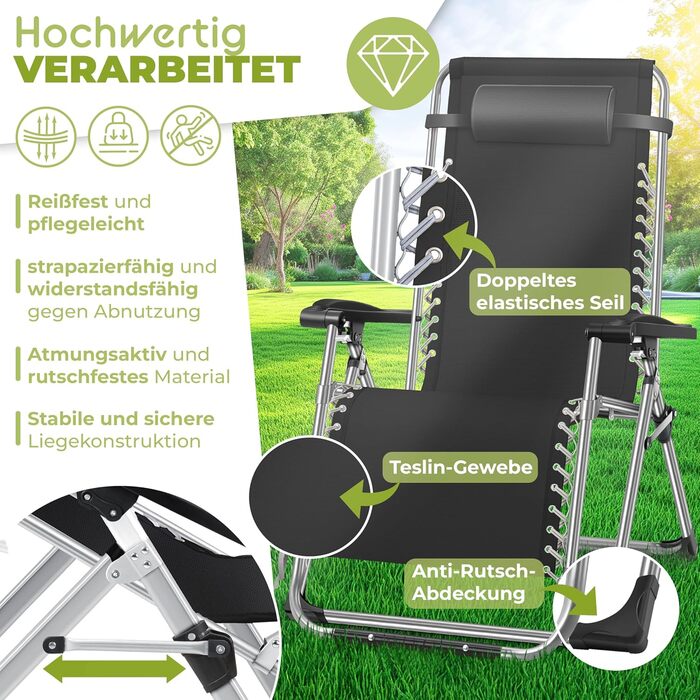 Розкішна шезлонг KESSER® для саду: складаний, стійкий до погодних умов, витримує 200 кг, з ергономічною подушкою, регульованою спинкою, підголівником та тримачем для напоїв (антрацит)