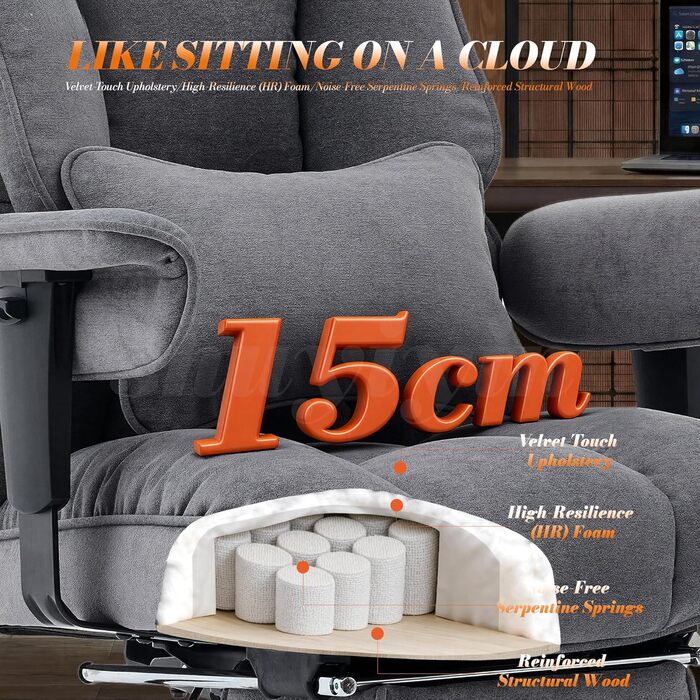 Офісний крісло Efomao XXL до 200 кг, важке, тканинне, з підставкою для ніг, ергономічне для комп'ютера з високою спинкою, похиле для дому/офісу, з товстою м'якою оббивкою (Сірий)