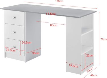 Письмовий стіл 120x50x72см з 3 полицями та шухлядами Офісний стіл, комп'ютерний стіл, стіл для ПК (білий / світло-сірий)
