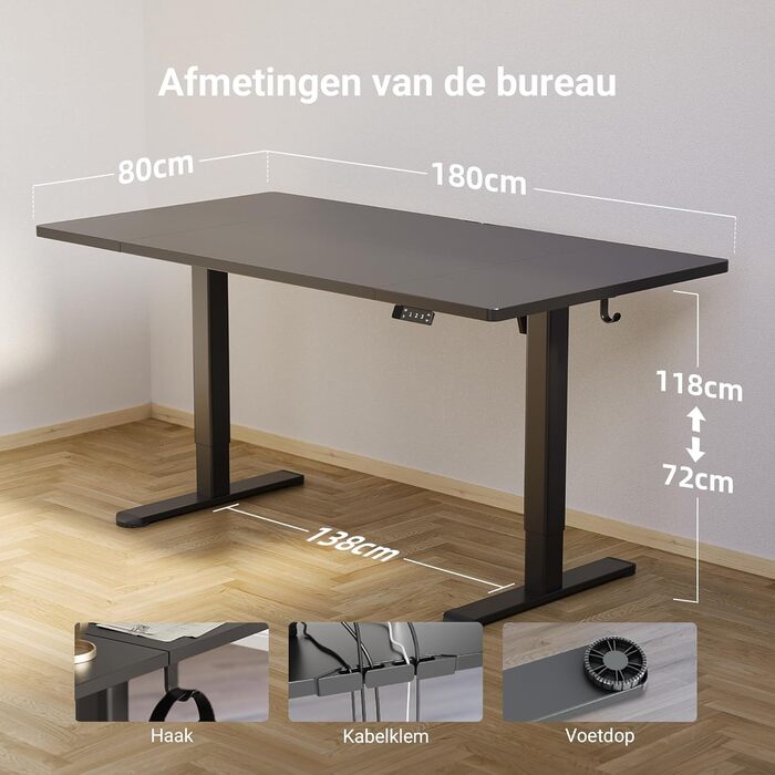 Регульований стіл Claiks з підйомною механізмом (FSC®), вантажопідйомність 80 кг, 3 функції пам'яті, гачки, тихий мотор, для дому та офісу, білий (180 x 80 см, чорний)