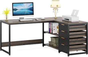 Письмовий стіл Tribesigns L-подібний з 4 шухлядами, комп'ютерний стіл, 2 полиці, кутовий, з місцем для зберігання, для офісу, кабінету, вітальні, 150×110×75 см (Волоський горіх & Білий) (Сірий)