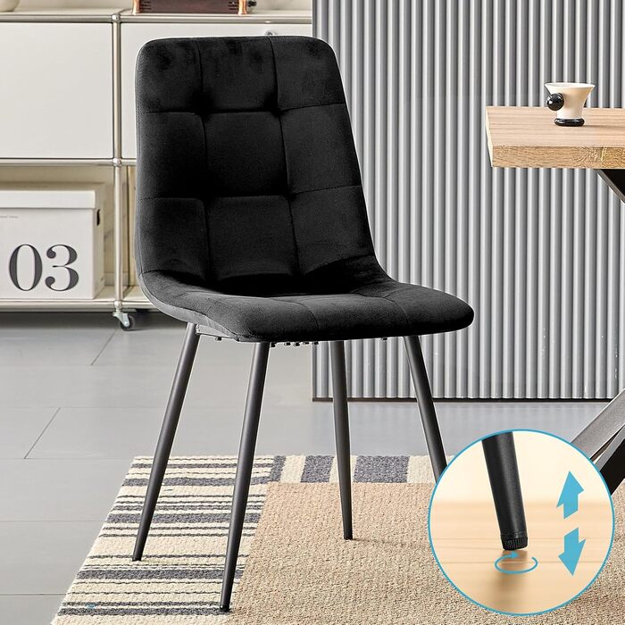 Набір обідніх стільців, м'які стільці з оксамитовою оббивкою та чорними металевими ніжками, кухонні стільці з максимальною вантажопідйомністю 120 кг (4 шт, чорний)
