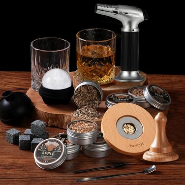 Набір для копчення віскі з пальником, 6 смаків, дерев'яні стружки, 2 склянки, 6 контейнерів для віскі, набір для коктейлів, набір для копчення напоїв, подарунок на день народження для любителів бурбону (без бутану)