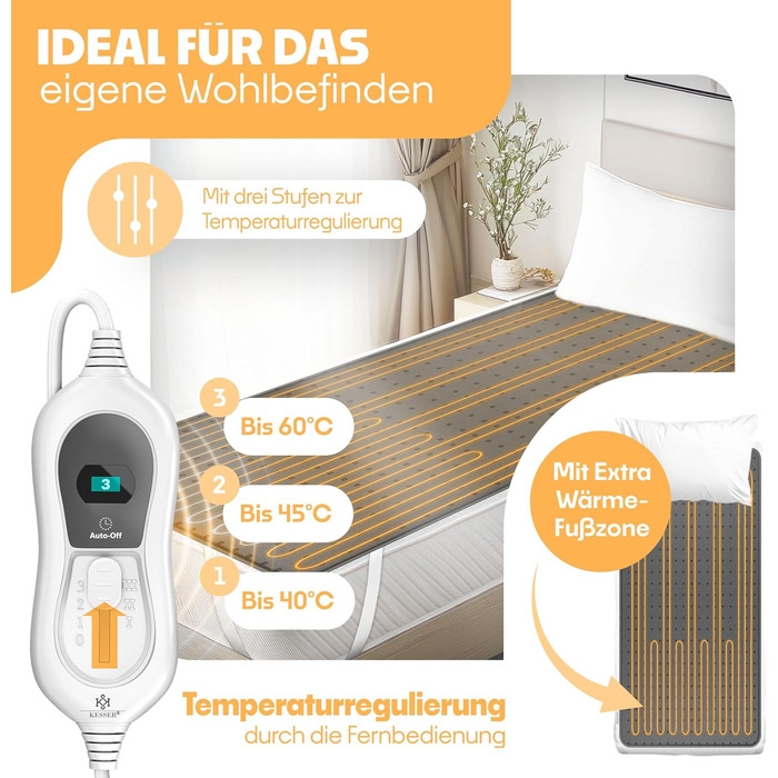 Електрична підігріваюча ковдра KESSER® з двома зонами нагріву та автовимкнення | 3 температурні режими | Підігріваюча підстилка для ліжка | М'яка флісова ковдра білого кольору (160 x 140 см)