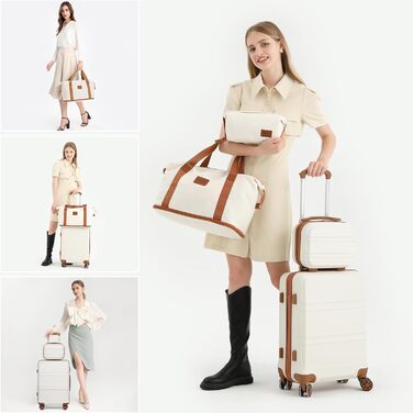 Набір валіз KONO 6 в 1: велика валіза, ручна поклажа, косметичка, сумка для культури. Колір: кремовий