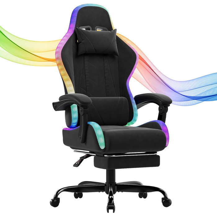 Ігровий крісло JUMMICO з тканини та LED підсвічуванням, ергономічний офісний стілець з масажем попереку та підставкою для ніг, регулювання 90°-135°, максимальне навантаження 150 кг, темно-сірий колір