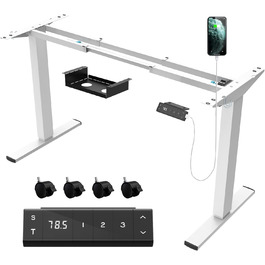 Регульований стіл JUMMICO з USB-роз'ємом та кабельною масою, електричний, з плавним регулюванням висоти, на коліщатках (білий)