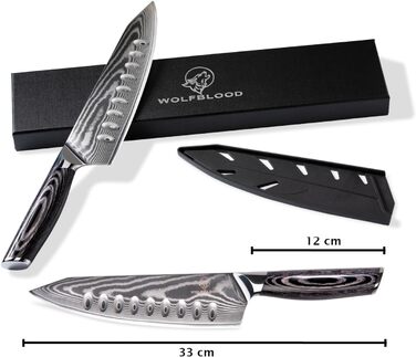 Кухонний ніж Wolfblood PRO Damast XL (33 см) з дамаської сталі 67 шарів, преміум-якість, для професійних кухарів, з дерев'яною ручкою, подарункова коробка, захист леза, сертифікований TÜV, 62 HRC