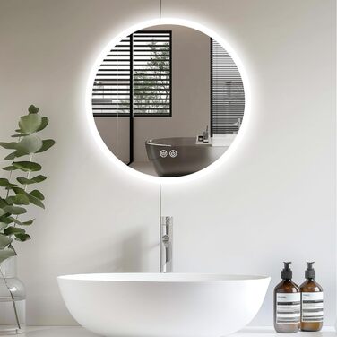 LED дзеркало для ванної кімнати AllRight з підсвічуванням 50 см, кругле, димування, 3 кольори світла, сенсорне керування, антизапар, для макіяжу та гоління