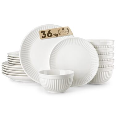 MALACASA Комплект посуду на 6 осіб, 18-ти частинний сервіз з порцеляни, рельєфний, скандинавський набір тарілок та мисок, білий, серія LEILA Білий