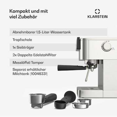 Klarstein SteelPresso Touch: Еспресо-машина з нержавіючої сталі, 20-бар, 1350 Вт, з інтегрованим капучинатором та сенсорним дисплеєм