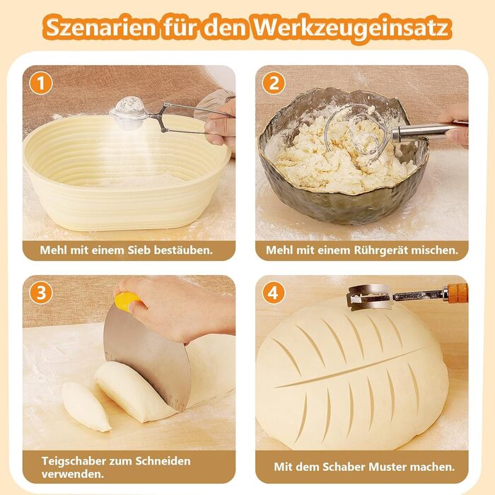 Набір для бродіння тіста Brotgar з силікону (23см круглий & 25см овальний) – для закваски, з лопаткою, ніжчиком, тканиною для бродіння – складний, гігієнічний, для початківців та професіоналів (10шт)