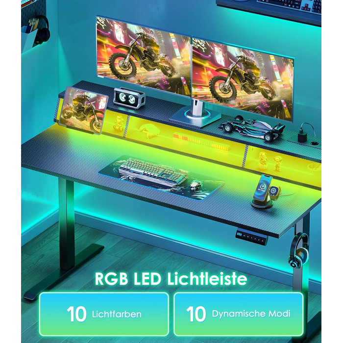 Офісний стіл для геймінгу OffiGo, 140 см, регульована висота, RGB LED, розетки, 3 полиці, тримач для напоїв та навушників, стільниця з карбону, білий (чорний)