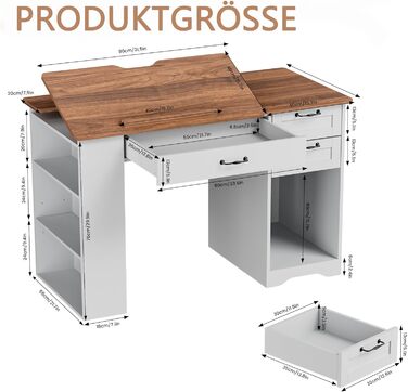 Регульований стіл для малювання AeasyG з 3 ящиками та 3-рівневими полицями, стійка конструкція з МДФ (50 кг вантажопідйомність) для художників та домашнього офісу, кут нахилу 0-80°, 60x120x76 см, білий