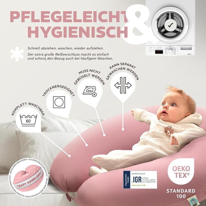 Подушка для годування та вагітності sei Design XXL 190x35 см, ергономічна подушка для сну на боці з чохлом з 100% органічної бавовни (муслін), пастельно-рожева