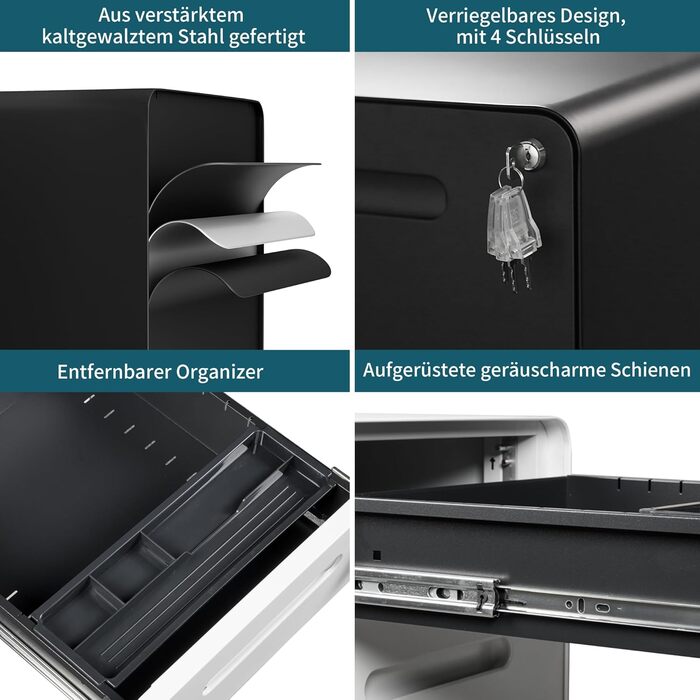 Роликовий контейнер LVSTEEL з 4 шухлядами, офісний шафка для документів, чорний, 64х40 см
