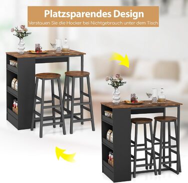 Барний стіл COSTWAY з барними стільцями (набір для 2 осіб), з 3 полицями, кухонний стіл у стилі ретро, колір - коричневий