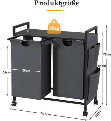 Кошик для білизни KIMENICH з кришкою, колесами, гачками, 2x46L, тканина Оксфорд, металевий каркас, темно-сірий