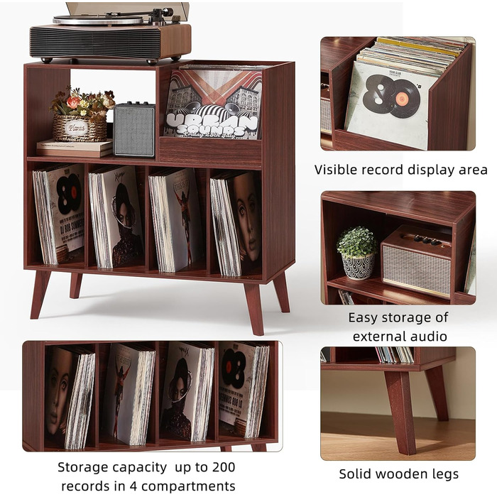 Стійка для платівок з полицями, органайзер для вінілових платівок на 300 альбомів, горіх