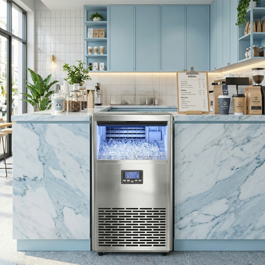 Промисловий льодогенератор на 45 кг/24 год, з нержавіючої сталі, об'ємом 15 кг, з функцією самоочищення, сріблястого кольору