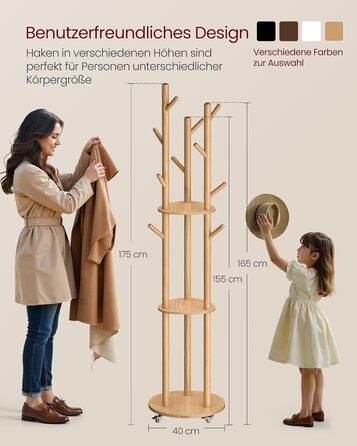 Вішалка для одягу VASAGLE з 11 гачками та 3 полицями, на коліщатках, з масиву дерева, для передпокою, спальні, вітальні, RCR023B01 (натуральний колір)