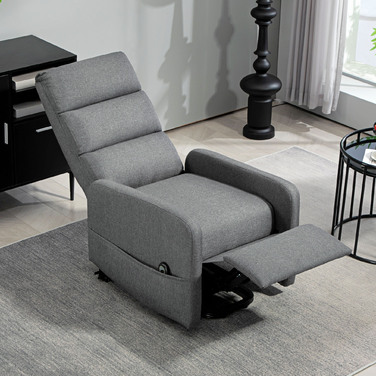 Електричне крісло-релакс з підйомним механізмом, пультом дистанційного керування, м'яким пінополіуретаном, бічною кишенею, оббивкою з текстурою льону, сірого кольору.