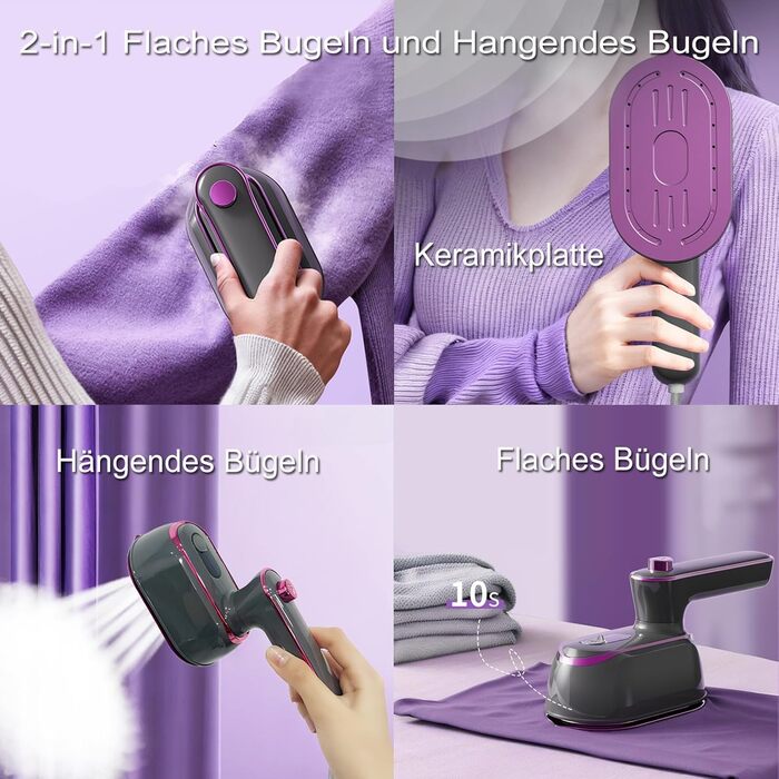 Паровий праска Mini, 1200 Вт, складана, портативна, для подорожей, керамічна підошва, швидкий нагрів 20 сек, білий/фіолетовий