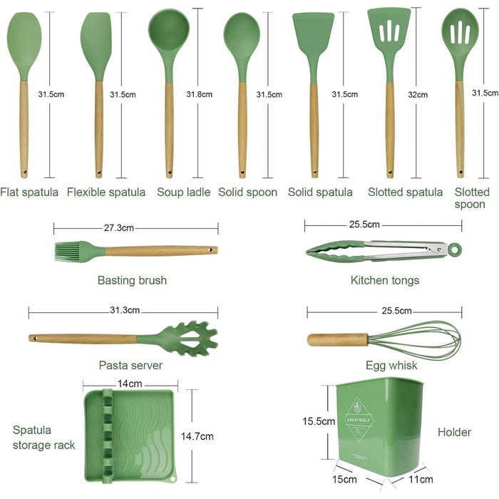 Набір кухонних аксесуарів 13шт, силікон, стійкий до високих температур, з дерев'яною ручкою (авокадо-зелений)