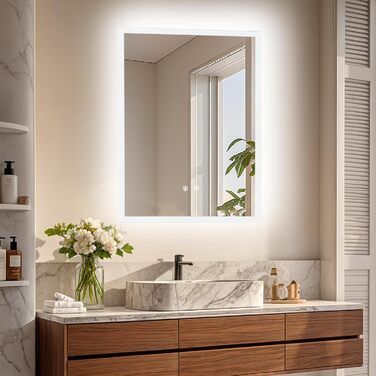 Дзеркало для ванної кімнати LUVODI з підсвічуванням 40x50 см: регульоване LED дзеркало з 3 кольорами світла, сенсорне керування, антизапарник, водонепроникне, настінне, горизонтальне/вертикальне встановлення (80x60 см)