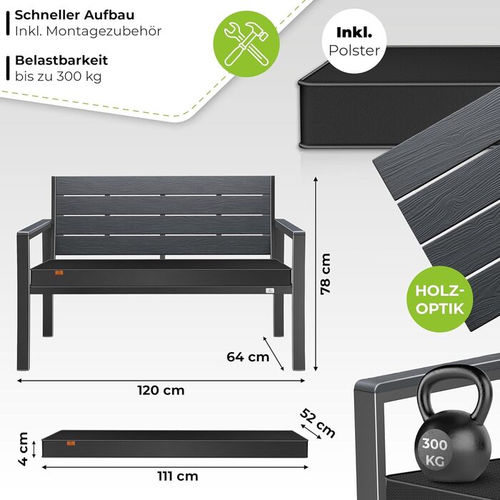 Садова лавка KESSER® з подушкою – лавка для відпочинку на вулиці, 2 місця, паркова лавка з імітацією дерева, для балкона, тераси, саду, вантажопідйомність до 300 кг, стійка до УФ, знімний та пральний чохол, антрацит / антрацит