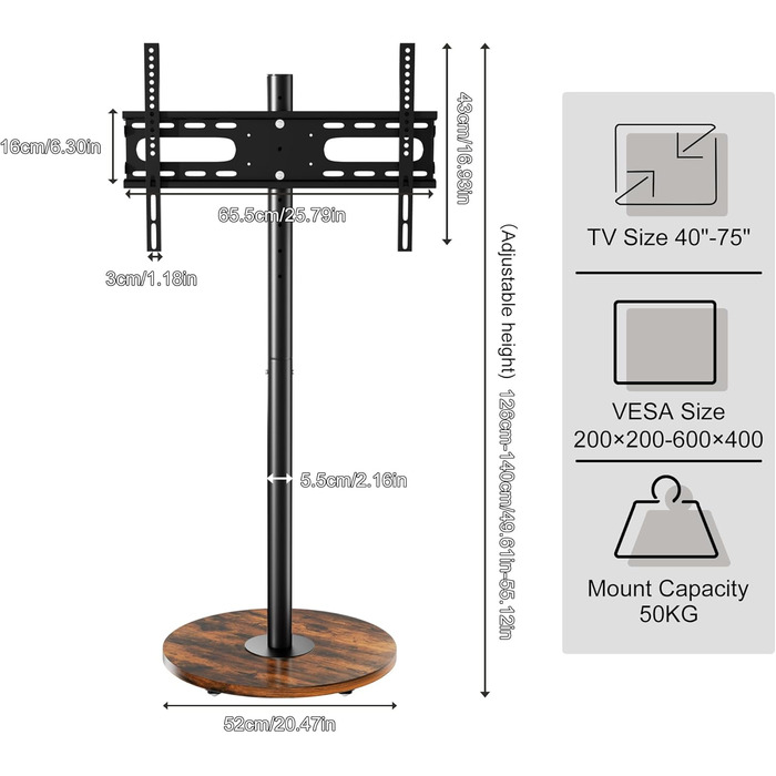 Підставка для телевізора Unho з регульованою висотою та коліщатками, для екранів 40-75 дюймів, VESA 600x400 мм (чорний)
