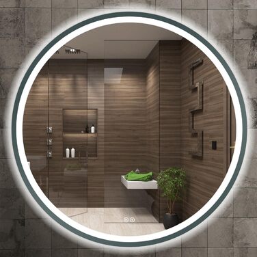 LED дзеркало для ванної кімнати Home Glow круглої форми 80 см – з підсвічуванням, проти запотівання, сенсорним вимикачем, металевим каркасом (графіт)