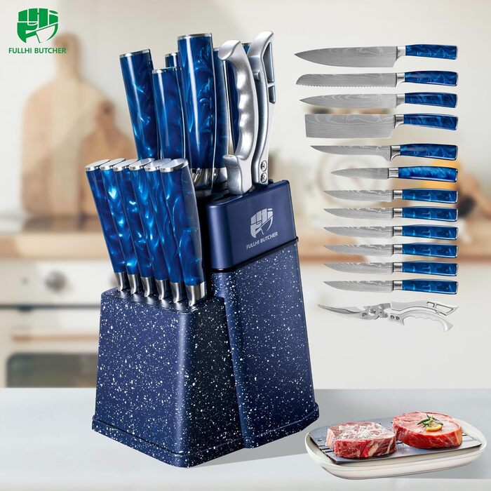 Набір кухонних ножів Fullhi 14 предметів з бруском, набір кухонних ножів, ножі для стейку, кольорова ручка, подарунок для чоловіків та жінок (блакита смола, 14 шт.)