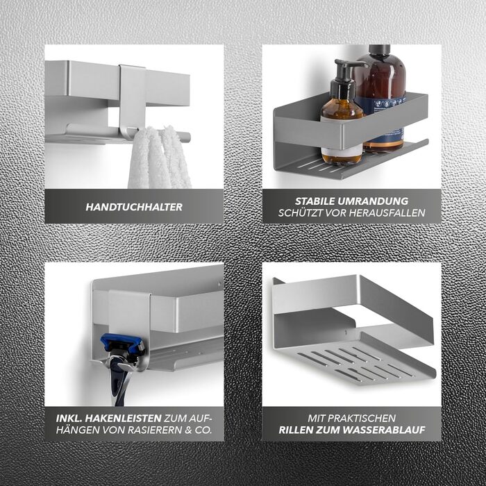 Набір душових полиць BENKSTEIN (2 шт.) | Полиці для душу з кріпленням на клей або свердління | Корзинка для душу без свердління | Тримач для гелю для душу та шампуню | Організатор для ванної кімнати, полиця для душу, срібна, 2 шт.