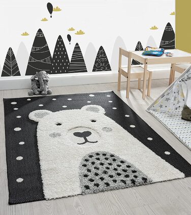 М'який затишний дитячий килим the carpet Lou, м'який затишний ворс, легкий у догляді, стійкий до фарбування, 3D-зовнішній вигляд, візерунок, Кремово-чорний, (160 х 230 см, ведмідь)