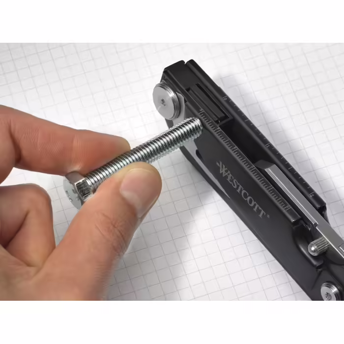 Westcott E-84034 Багатофункціональний ніж-мультитул з лезом Drop-Point 7,5 см, складаною пилкою 7,5 см, викруткою, LED-ліхтариком, лінійкою, металевою ручкою, чорний, 19 см