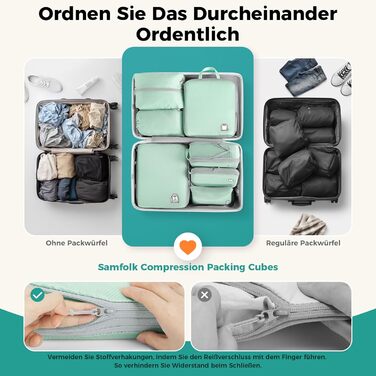 Набір органайзерів для подорожей у валізу з компресією, 8 водонепроникних пакувальних кубів для ручної поклажі та рюкзака, зелений колір