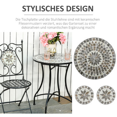 Набір садових меблів для балкону на 2 особи: стіл із мозаїкою та складані стільці з металу з керамічною плиткою, багатокольоровий