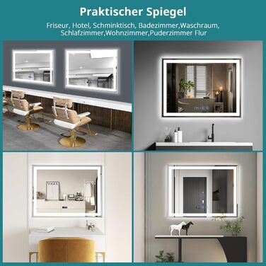 Дзеркало для ванної кімнати YOURLITE з LED-підсвічуванням 100x60 см, сенсорне управління, годинник, антизапар, 3 кольори світла, регулювання яскравості, функція пам'яті, білий (срібло)