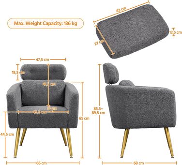 Крісло Yaheetech з тканини букле, крісло-релакс з регульованою спинкою та металевими ніжками, біле (темно-сіре)